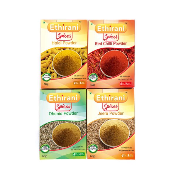 Organic spice haldi jeera dhania red chilli powder